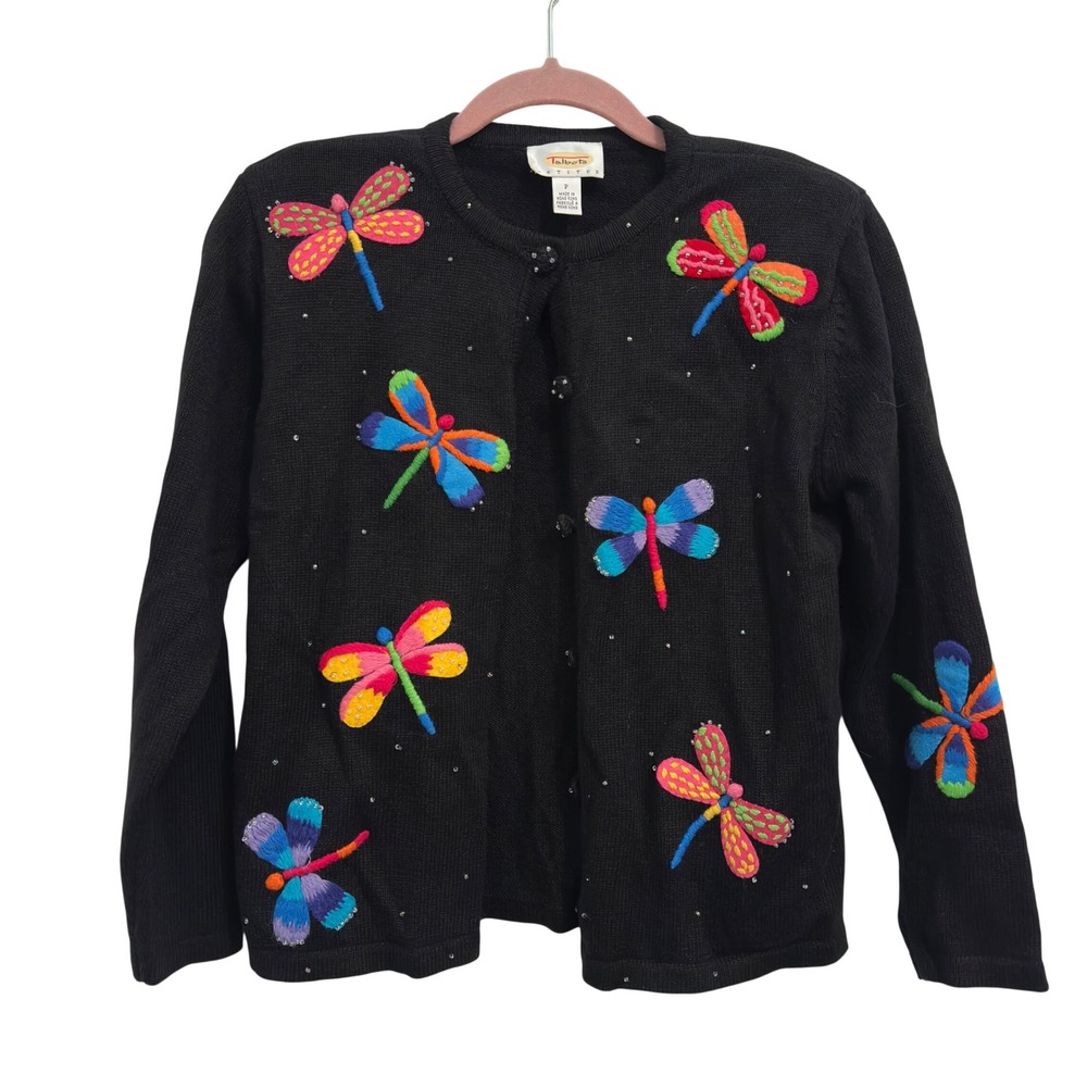 Vintage Talbots Petites Cardigan Black Ramie Embroidered Dragonfly Whimsigoth PS